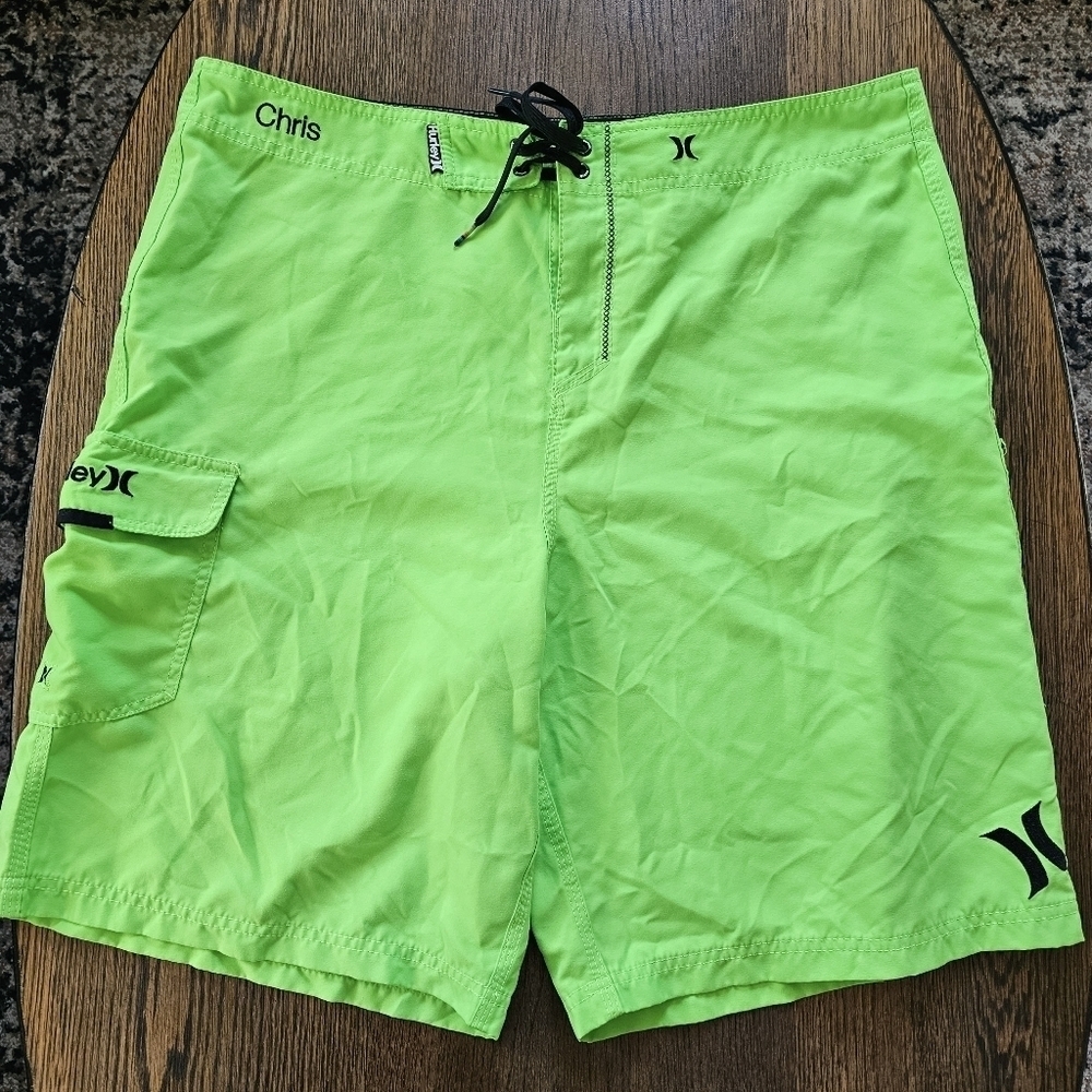 Hurley Bright Neon Green Monogrammed Board Shorts Size Men's 38